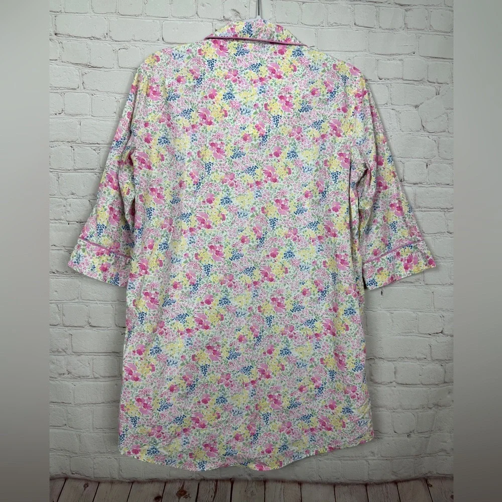 LRL Monogrammed Pink Floral Sleep Shirt Pajamas cotton‎ lightweight Sz M GUC